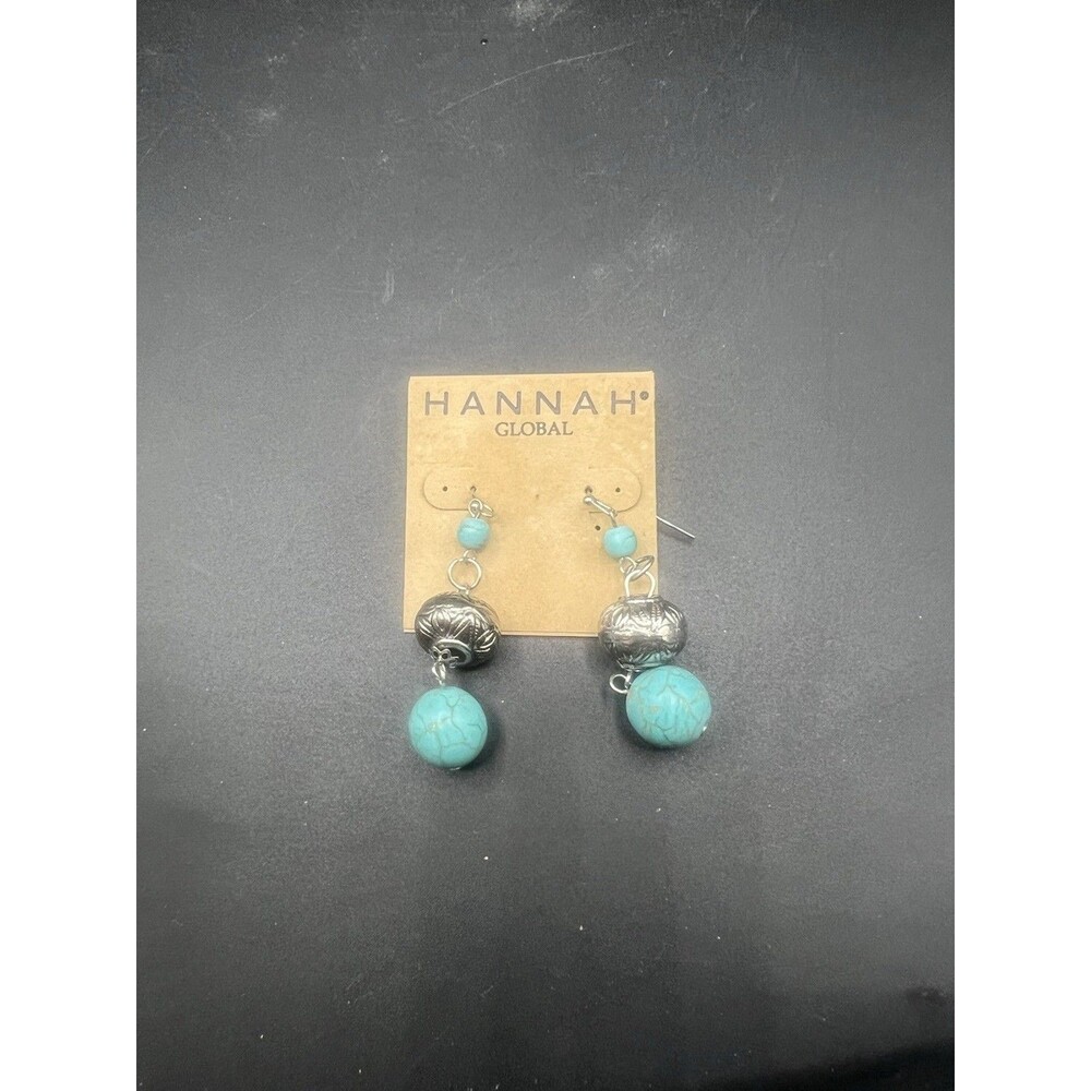 NWT Hannah Global Turquoise Look Dangle Earrings Silver Tone Beaded 2”